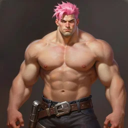 painted portrait of posing rugged beautiful thick muscular bodybuilder zarya from overwatch with short pink hair showing abs, fantasy, intricate, elegant, extremely detailed digital painting trending artstation concept art heroic portrait sharp focus, illustration, art by artgerm, greg rutkowski magali villeneuve gaston bussiere