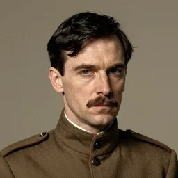 portrait of alan turing by greg rutkowski, british features, short black hair in military style, moustache, tall, star wars expanded, universe, artstation hq