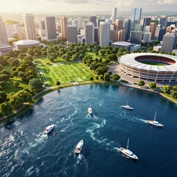 modern city with a green park and a soccer stadium, navy blue lake with many small boats and many yachts, turbulent reflective foamy water, octane render, photorealistic, hyperdetailed, beautiful, epic scene, golden hour