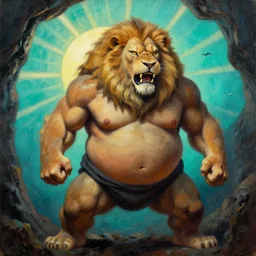 close up of sumo lion barbarian hunter full body in portrait pose, sun rays , small bird sihouettes  in cyan background , very textured detailed  oil painting by rembrandt , hard backlight , in dark cave