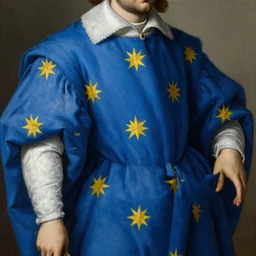 highly detailed painting of the french king, he is wearing a blue robe with yellow stars across it, 4 k resolution, by jaquis luis david, visible paint layers, renaissance.