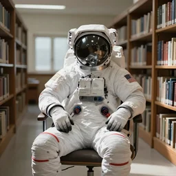 a beautiful photo of an astronaut sat on a chair in a library, soft light, morning light, photorealistic, realistic, octane, 8k, cinematic shot