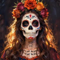 Illustration of a sugar skull day of the dead girl, art by joseph cornell