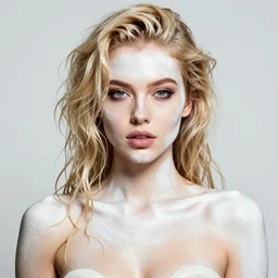 editorial portrait of wet sexy girl, fully covered in paint, by mike dargas, blonde, curly hair, clean face, slutty make up, symmetrical face, looking straight, smooth skin, jewelry, ecstasy, cute, fashion editorial photography, from vogue magazine, ultra realistic, reflections, from eyes wide shut movie, fully submerged in paint