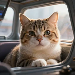 highly detailed closeup portrait of a cute cuddly cat in a retro spaceship with large windows, stephen bliss, unreal engine, greg rutkowski, ilya kuvshinov, ross draws, hyung tae and frank frazetta, tom bagshaw, tom whalen, nicoletta ceccoli, mark ryden, earl norem, global illumination, god rays