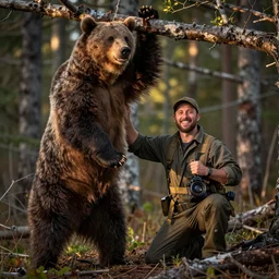 Photo, A Hunter with a big smile because he killed a big bear, the bear is hanging from a tree