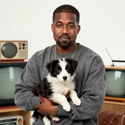 Kanye West holding a small Border Collie puppy for a 1990s sitcom tv show, Studio Photograph, portrait C 12.0