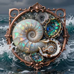 art nouveau cresting oil slick waves, hyperdetailed bubbles in a shiny iridescent oil slick wave, ammolite, detailed giant opalized ammonite shell, black opal, abalone, paua shell, ornate copper patina medieval ornament, rococo, oganic rippling spirals, octane render, druzy geode, cresting waves seafoam