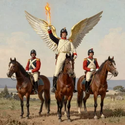 US cavalry soldiers pose in front of an archangel as the the one with the flaming sword 1900.