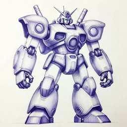 an intricate ballpoint drawing of a giant anime robot with rounded and cicular parts