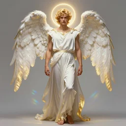 fullbody portrait of a beautiful young fit male angel with curly blond hairs, dressed with long fluent clothes, majestic big wings, luminous halo, by greg rutkowski and alphonse mucha, gradient white to gold, in front of an iridescent background, highly detailed portrait, digital painting, artstation, concept art, smooth, sharp focus illustration