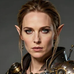 head and shoulders portrait, female artificer, gray eyes, welder, emily blunt natalie portman hybrid, elf, d & d, steampunk, by donato giancola, facial detail, extremely detailed, comic book cover photo