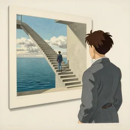 lithograph printed in 1966. It depicts a man in a art gallery viewing a print of a seascape. The man\'s reflection is seen in the print, and the reflection shows the man walking down a staircase. The staircases in the print appear to be infinite, By M. C. Escher, colorized by Hayao Miyazaki