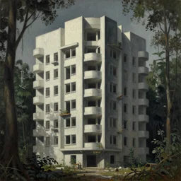 a painting of a building in the middle of a forest, a detailed matte painting, brutalism, dystopian art, rough, unfinished surfaces, unusual shapes, straight lines, greeble, oil paint, insanely detailed and intricate, hypermaximalist, elegant, ornate, hyper realistic by eugene von guerard, zdzislaw beksinski, peter gric, francisco goya, caravaggio