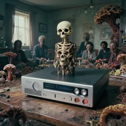 aged polaroid showing top loading vhs player for cranium in lifeless apartment fungal & filthy by alberto bontempi, shigeru komatsuzaki, wayne d barlowe, alex ross, enric torres, simon bisley & boris vallejo, hyper realism, cinematical, epic horror narrative light, muted colors, epic, hyper detailed, awe inspiring, award winning horror,
