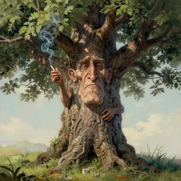 matt painting of an old tree that has facial expressions, smoking a cigarette smoke, in high detail, accurate, fantasy illustration, trending on artstation, by frank robert dixon, fineartamerica