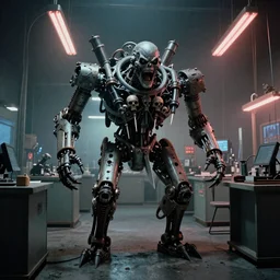 a scary filmic wide shot color ground level angle movie still 35mm film photograph of the full body of a screaming and angry dangerous shape mechanical creature, with multiple sharp, leaking pistons, robot skulls and blades protruding from its lower torso inside of a 1970s science lab, neon lights, dirty, ektachrome photograph, volumetric lighting, f8 aperture, cinematic Eastman 5384 film