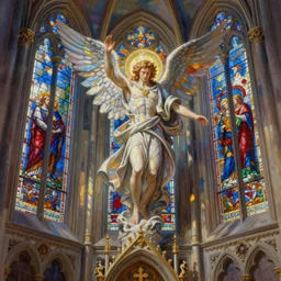 archangel Michael descending into a beautiful cathedral with Stained glass windows, glorious lighting, strong composition, insanely detailed acrylic painting, glorious lighting
