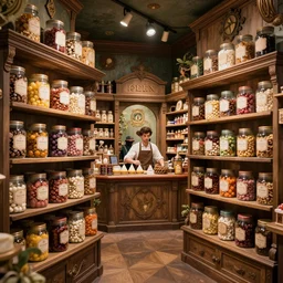 Inside an old magical sweet shop, large jars on shelves, beautiful labels, fantasy vendor interior, wide angle, cinematic, highly detailed, photo-realistic, rich bright colors, trending on artstation, trending on cgsociety, 8K