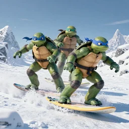 the ninja turtles surfing on snow, digital art, trending in artstation, cinematic lighting, studio quality, smooth render, unreal engine 5 rendered, octane rendered, art style and nixeu and wlop and krenz cushart