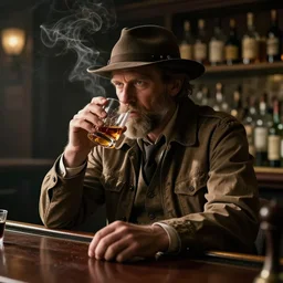 a grizzled detective sitting at a smoky bar, sipping whiskey.
