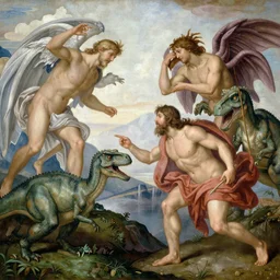 the painting Creation of Adam with two dinosaurs instead of two people