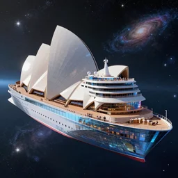 giant luxury spaceship cruise - liner, shaped like a yacht, glass exterior, hull is a opera house, aerial view of opera house on spaceship, floating in outer space, galaxies and stars in background, well lit, 8 k, futuristic, high detail, vibrant colors, digital art