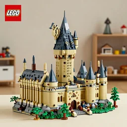commercial photography product shot of a lego castle in the style of minas tirith and hogwarts, beautiful lighting, studio shoot, playroom setting
