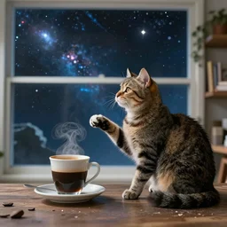 An epic fantastic realism comic space,cat take Having a coffee in profile , hyperrealistic, dynamic lighting