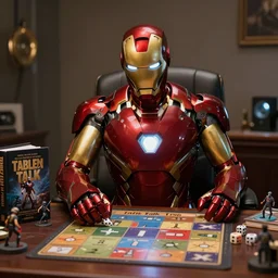 Photo, Iron Man sitting in his chair at his desk, playing Table Talk Role Playing Games, On the desk is a rule book, miniatures, and dice.