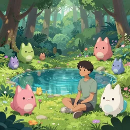 ultra detailed illustration of teenage mixed race male sitting beside an enchanting small lake in the middle of a lush magical forest inhabited by mech tamagotchi's, beautiful, 8 k wallpaper, in the style of josan gonzalez and laurie greasley