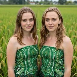 portrait of lindsey pelas and emilia clarke wearing green batik tube top in a paddy field, by charlotte grimm, natural light, detailed face, canon eos c 3 0 0, ƒ 1. 8, 3 5 mm, 8 k, medium - format print, half body shot