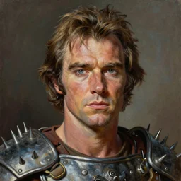 portrait of young 1 9 7 0 s jack nicholson ( from the shining ) as a scheming cunning warlord character ( spiked scrap metal armor ) in mad max 2 : the road warrior, film still, detailed realism face in painting, detailed beautiful portrait, oil painting masterpiece, 8 k resolution, smooth, sharp focus, trending on artstation, by rembrandt