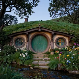 low angle front facing view of hobbiton architecture near a stream, with garden and steps, highly detailed matte painting, evening, by stanley artgerm lau, greg rutkowski, thomas kinkade, alphonse mucha, loish, norman rockwell, artstation, unreal engine 5