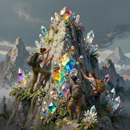 portraits of adventurers climbing a mountain made of rainbow gemstones and crystal and glass, refraction and reflection, iridescent, lush and overgrown, fantasy, horizon zero dawn 2, intricate, elegant, highly detailed, digital painting, artstation, concept art, matte, sharp focus, illustration, art by ruan jia and conrad roset and bouguereau,