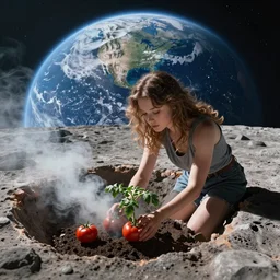 gorgeous inspiring girl on the moon caring for tomato plants inside a crater filled with smoke, planet Earth in the sky by Craig Mullins, ilya kuvshinov, krenz cushart, artgerm trending on artstation by Edward Hopper and Dan Mumford and WLOP and Rutkovsky, carl spitzweg and moebius, Unreal Engine 5, Lumen, Nanite