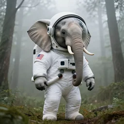 giant elephant wearing white american spacesuit with oversized giant helmet as astronaut animal, in the woods, foggy mood, overcast bokeh, cctv - c 8
