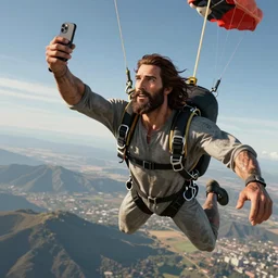 Jesus taking a selfie while skydiving, gta artstyle, dramatic, hyperdetailed, artstation, photorealism, accurate, octane render, 8k,