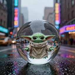 crystal paperweight sphere of grogu in rainy city with googie styled buildings, and colorful neon signs reflected in the rain