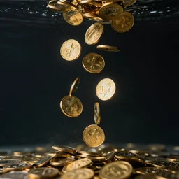 a photograph of shiny gold coins falling Underwater, cinematic style, ultra realistic, dark, HDR