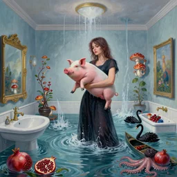 tall female emo artist holding a pig in her flooded bathroom, mushrooms, octopus, water gushing from ceiling, painting of flood waters inside an artist's bathroom, a river flooding indoors, pomegranates, pigs, ikebana, zen, river, rapids, waterfall, black swans, canoe, berries, acrylic on canvas, surrealist, by magritte and monet