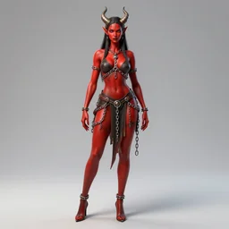 full length complex 3 d hyper realistic smooth ultra sharp render of a gorgeous!! chained red skinned demoness viking warrior | high detail, 4 k, hd, symmetrical, proportional | art by oh jinwook + 吵 集 仁 儿 on artstaion + takeshi obata + alphonse mucha + jim lee