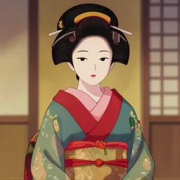 a japanese geisha, artgerm, anime style, pixar and disney style, path traced, color painting, anatomically correct, cinematic, high coherence, highly detailed, high quality, serene scene, colorful, symmetrical, beautiful, elegant, short black hair, vintage, realistic and detailed face