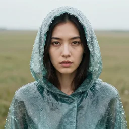 closeup portrait of a woman wearing a hooded cloak made of water and glass, in an empty field, by Terry Richardson, natural light, detailed face, CANON Eos C300, ƒ1.8, 35mm, 8K, medium-format print