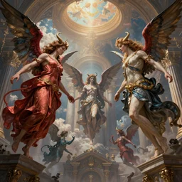 Angels and demons, by Rolf Armstrong and Evelyn De Morgan and Bastien Lecouffe-Deharme, dramatic lighting, high contrast colors, baroque, empyrean, panoramic view, as trending on Artstation, highly detailed, doom engine,