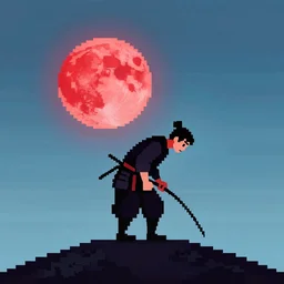 pixel art of a samurai standing under a red moon on a hill bowing down