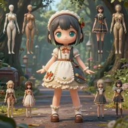 costume design from candy designers, artist reference pictures pose, anatomy skills,sophisticated composition, old masters light composition, procedurally generated, epic anthropomorphic kawaii human girl character posing for concept art, forest city streets behind her, substance designer, PBR, HD, Ultra detailed, hyperrealistic, megascans, volumetric light, concept by master artist, made in paint tool SAI2, trending pixiv face
