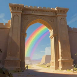 An Ishtar Gate shaped portal leads to an anomalous rainbow world, digital painting by Marc Simonetti and Syd Mead, League of Legends concept artists, trending on artstation, rendered in unreal engine