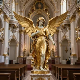 A beautiful rococo chapel with a carved marble and gold statue of an angel with wings spread looking down over the congregation, photorealistic, High definition, very detailed, 8k, Octane render