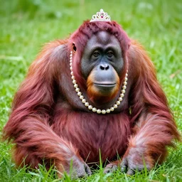 pink adult orangutan wearing a pearl necklace and a tiara sat in a field of grass. close up, photograph 4 k